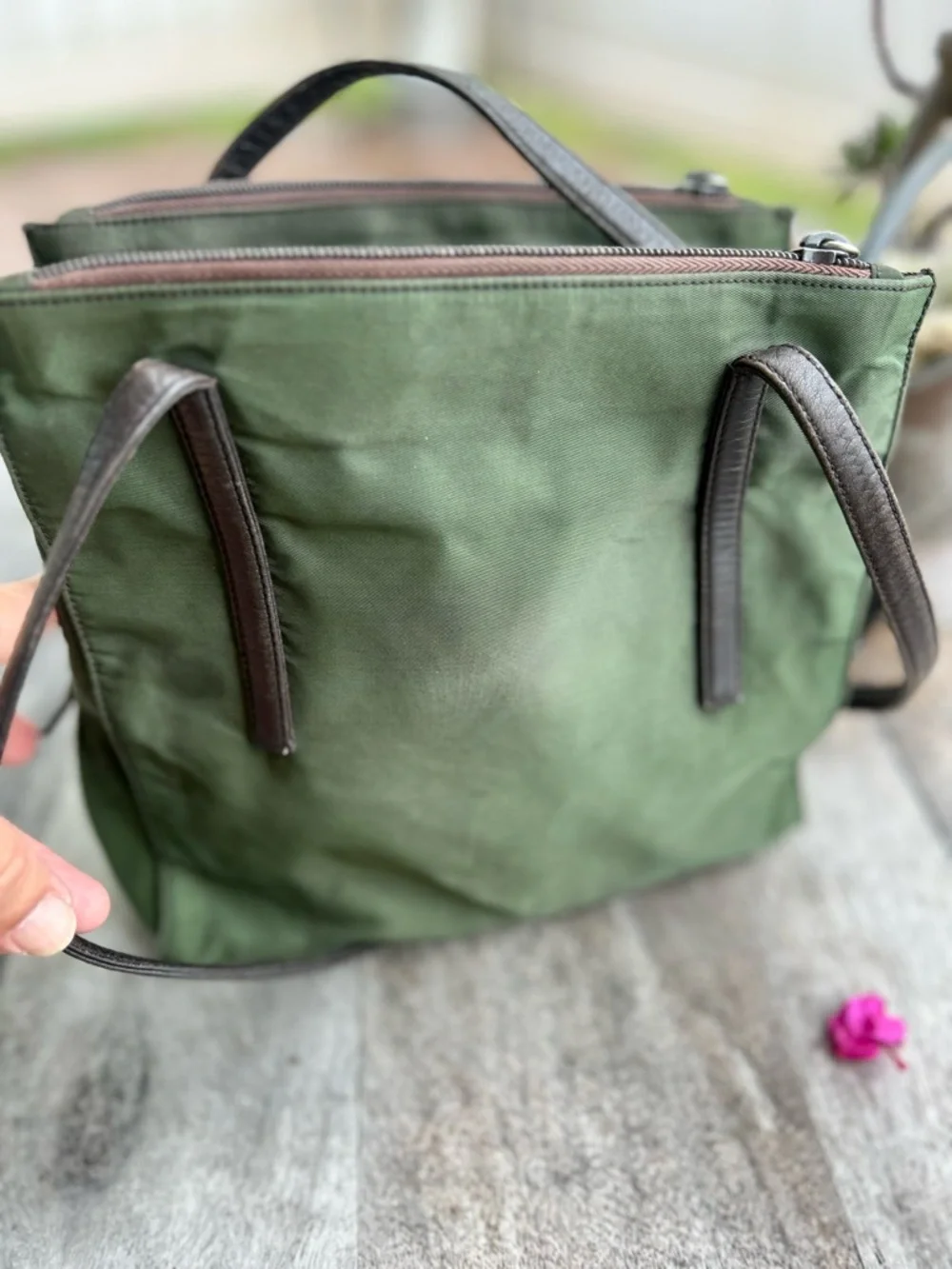 Authentic Prada  Vintage Olive Green Nylon Tote with Dark Brown Leather Straps - Picture 4 of 16